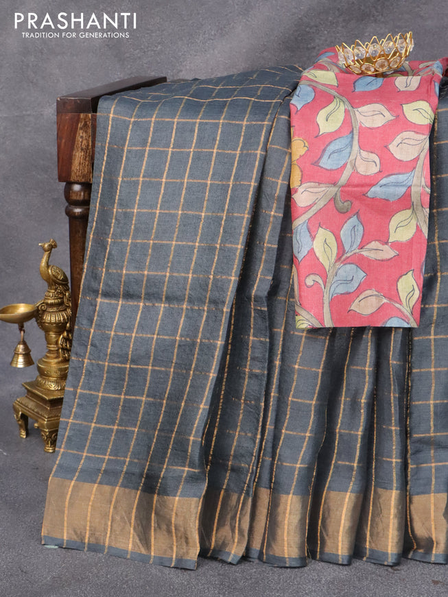 Pure tussar silk saree elephant grey and maroon shade with allover zari checked pattern and zari woven border and Kalamkari printed blouse