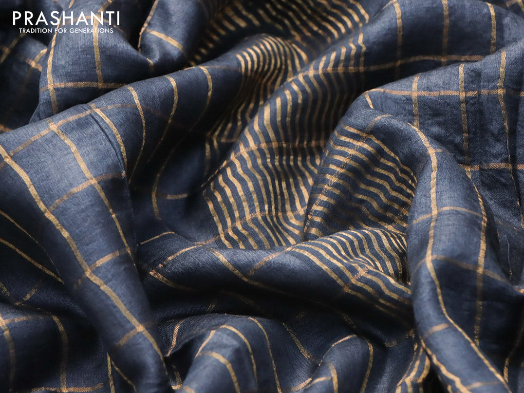 Pure tussar silk saree elephant grey and maroon shade with allover zari checked pattern and zari woven border and Kalamkari printed blouse