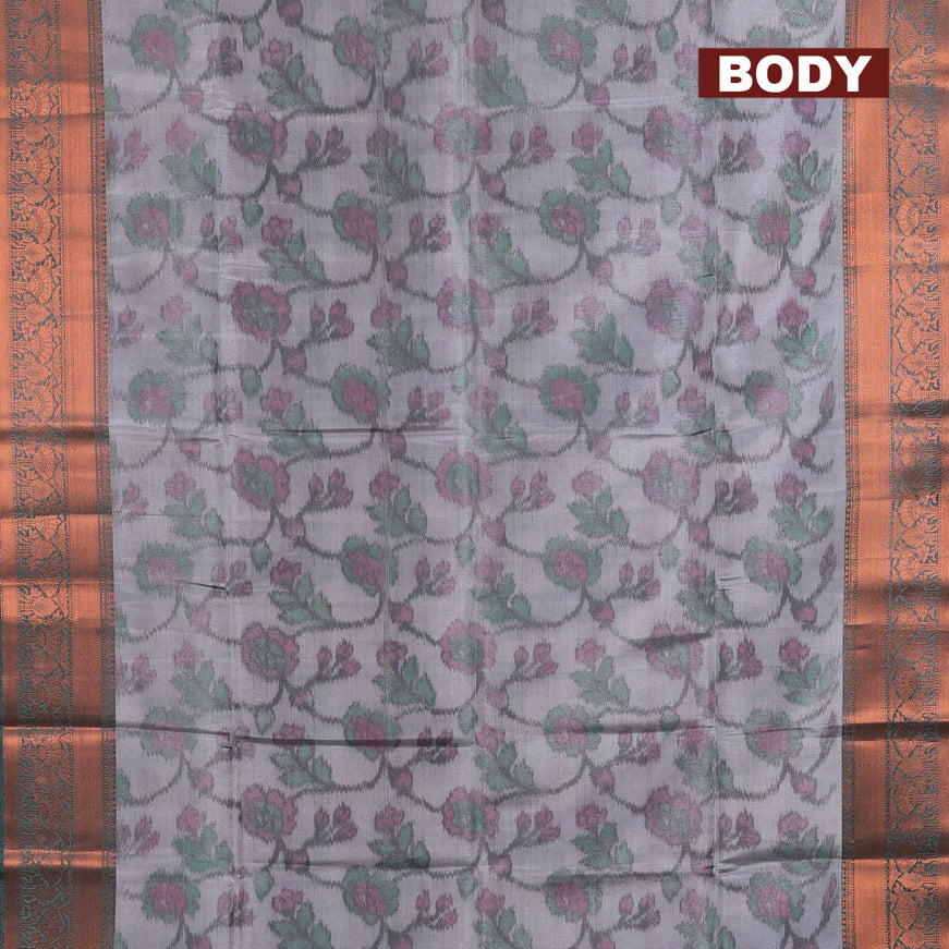 Banarasi semi tussar saree grey and green with allover ikat weaves and long zari woven border