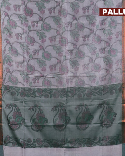 Banarasi semi tussar saree grey and green with allover ikat weaves and long zari woven border