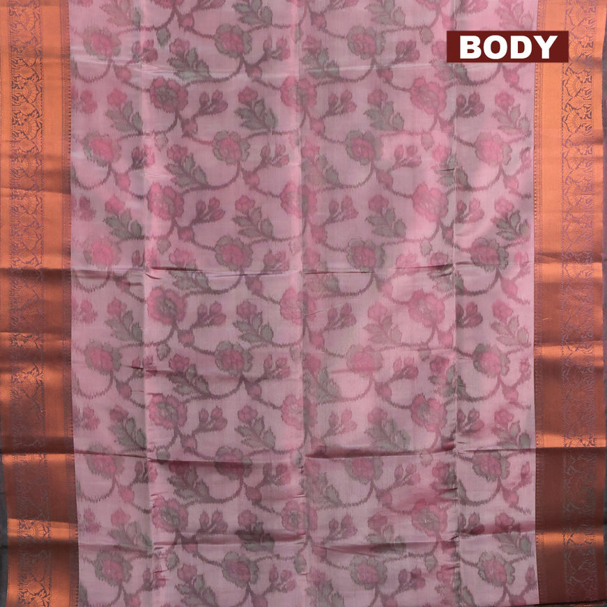 Banarasi semi tussar saree dual shade of pink and green with allover ikat weaves and copper zari woven border