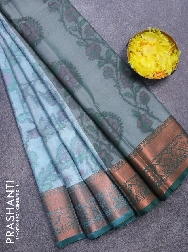 Banarasi semi tussar saree teal blue and green with allover ikat weaves and copper zari woven border