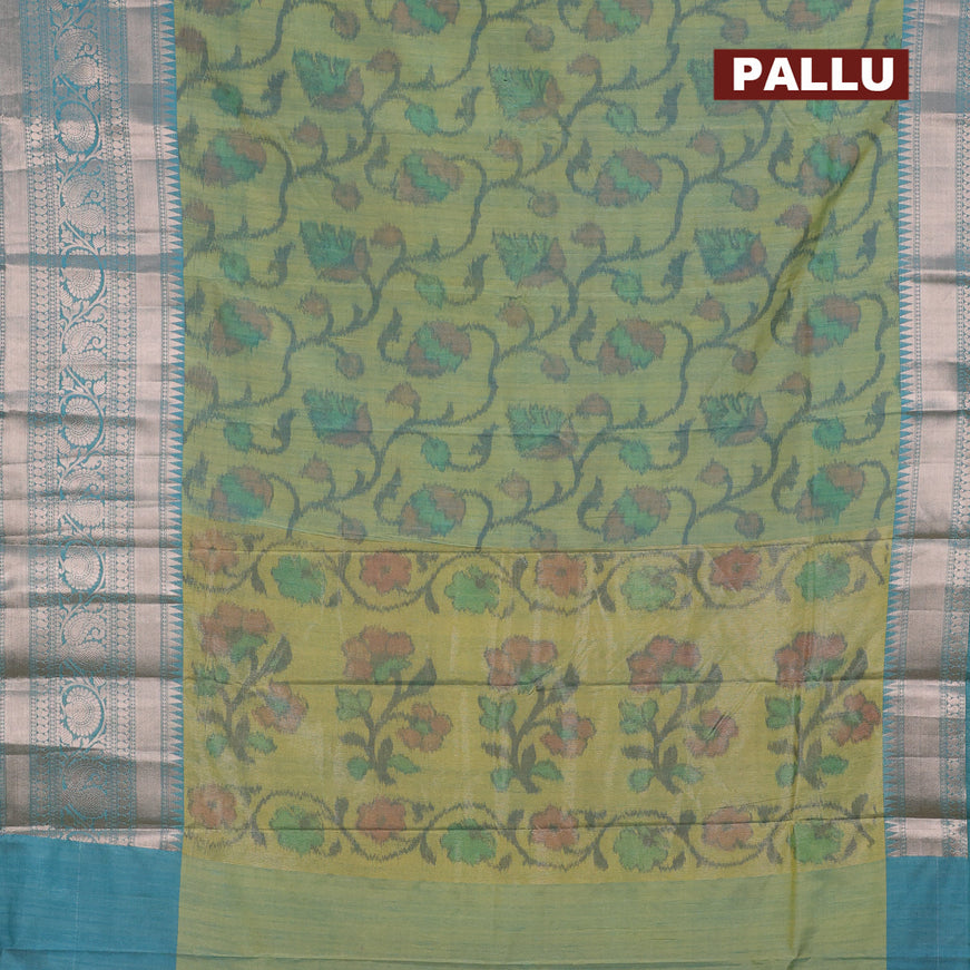Banarasi semi tussar saree dual shade of green and teal blue with allover ikat weaves and long zari woven border