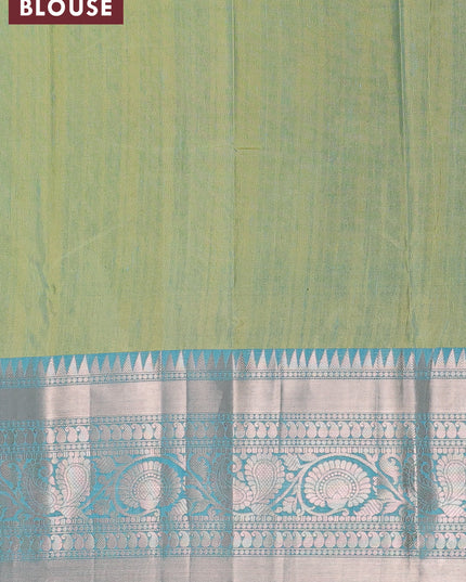 Banarasi semi tussar saree dual shade of green and teal blue with allover ikat weaves and long zari woven border