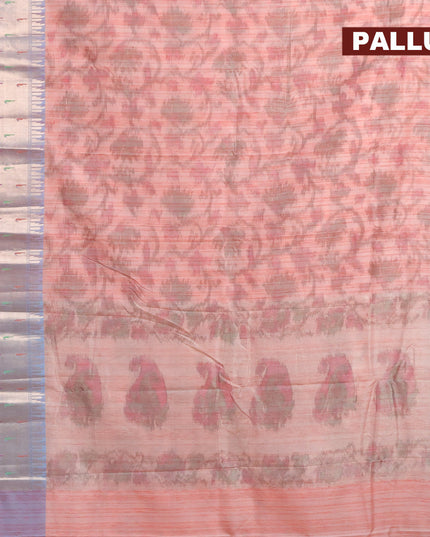 Banarasi semi tussar saree peach pink and blue shade with allover ikat weaves and long zari woven paithani border