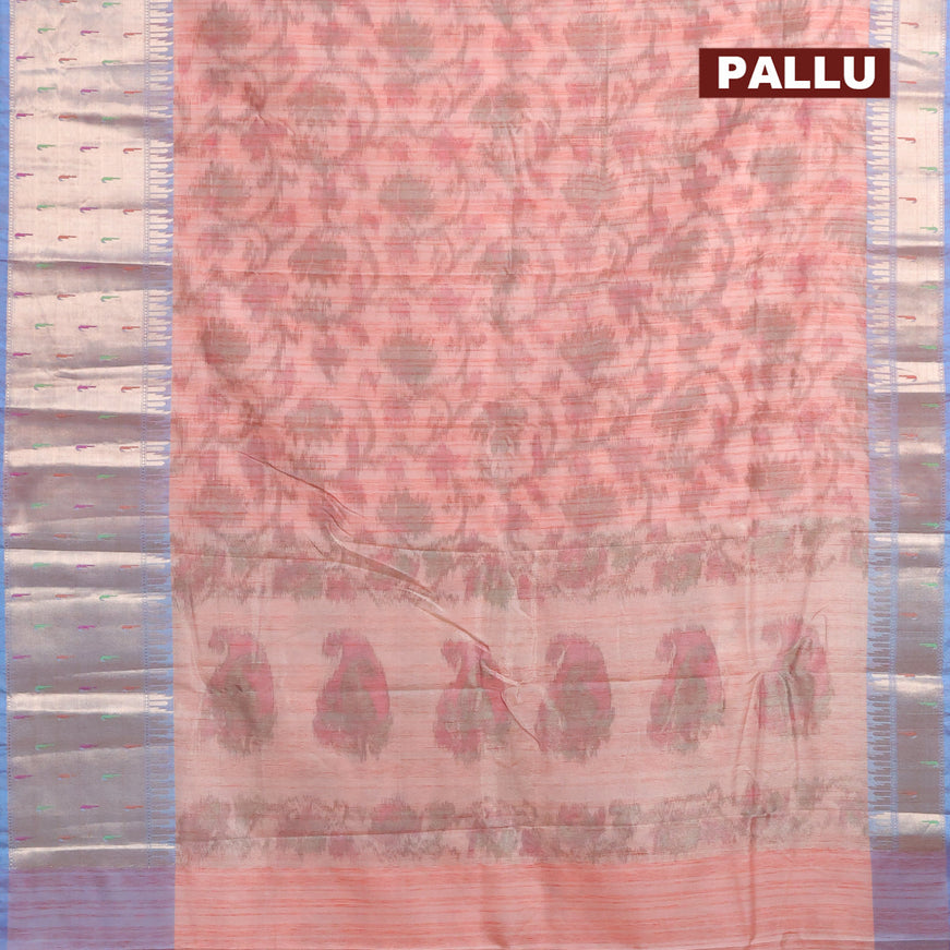 Banarasi semi tussar saree peach pink and blue shade with allover ikat weaves and long zari woven paithani border