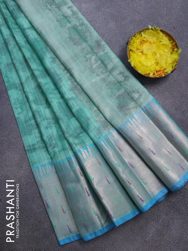 Banarasi semi tussar saree teal green and blue with allover ikat weaves and long zari woven paithani border