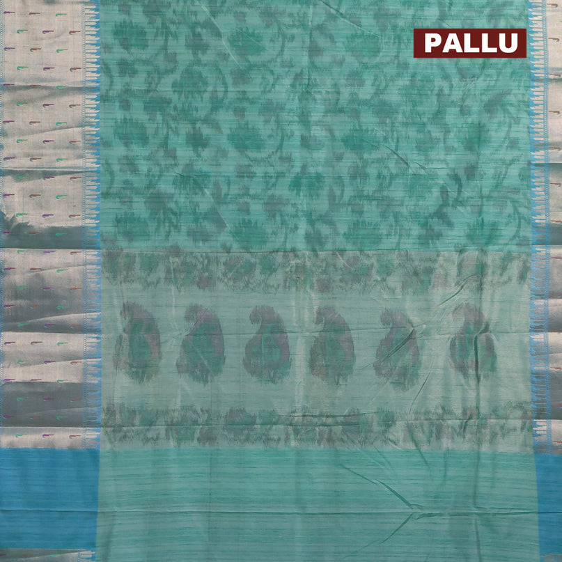 Banarasi semi tussar saree teal green and blue with allover ikat weaves and long zari woven paithani border