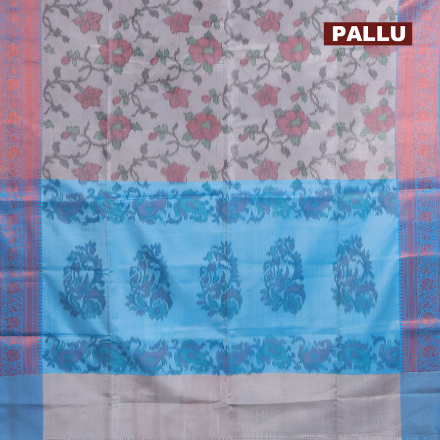 Banarasi semi tussar saree grey and blue with allover ikat weaves and copper zari woven border
