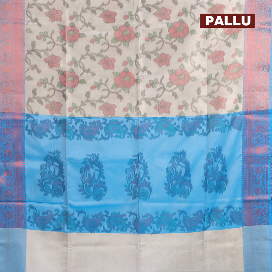 Banarasi semi tussar saree pastel grey and cs blue with allover ikat weaves and copper zari woven border