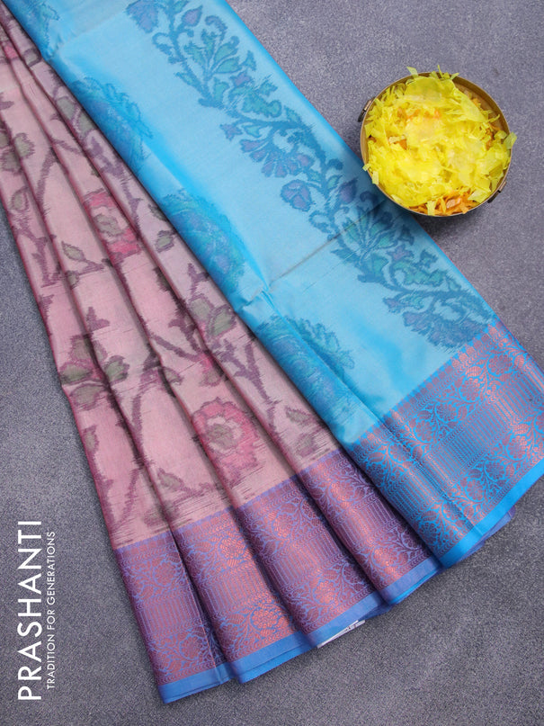 Banarasi semi tussar saree pastel peach and cs blue with allover ikat weaves and copper zari woven border