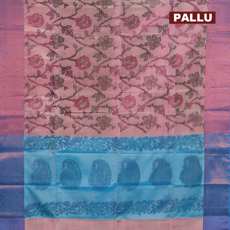 Banarasi semi tussar saree pastel peach and cs blue with allover ikat weaves and copper zari woven border