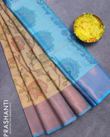 Banarasi semi tussar saree sandal and cs blue with allover ikat weaves and copper zari woven border