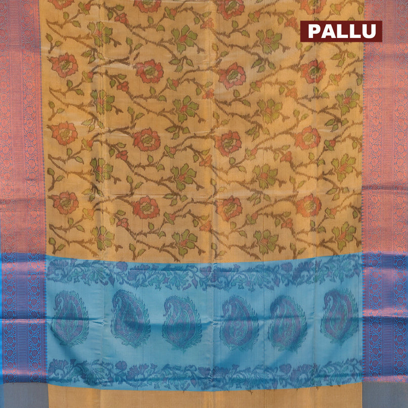 Banarasi semi tussar saree sandal and cs blue with allover ikat weaves and copper zari woven border