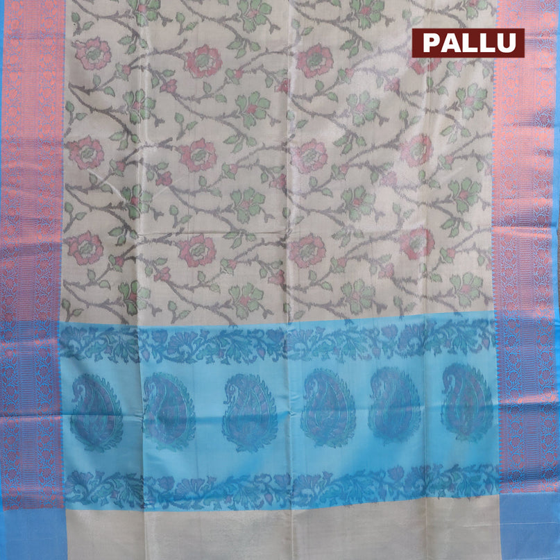 Banarasi semi tussar saree grey and cs blue with allover ikat weaves and copper zari woven border