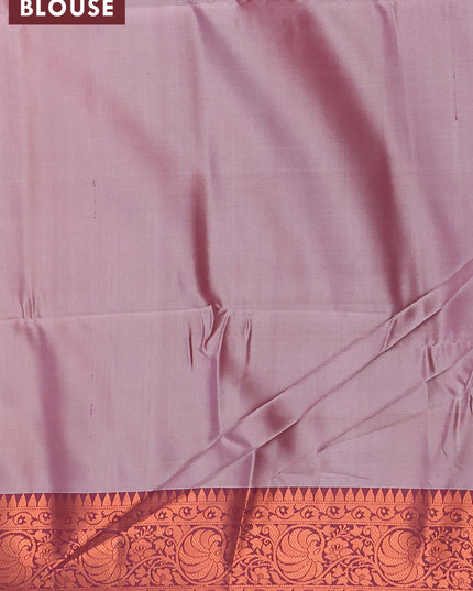Banarasi semi tussar saree peach shade and wine with allover ikat weaves and copper zari woven border