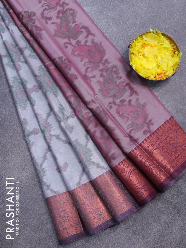 Banarasi semi tussar saree grey and purple with allover ikat weaves and copper zari woven border