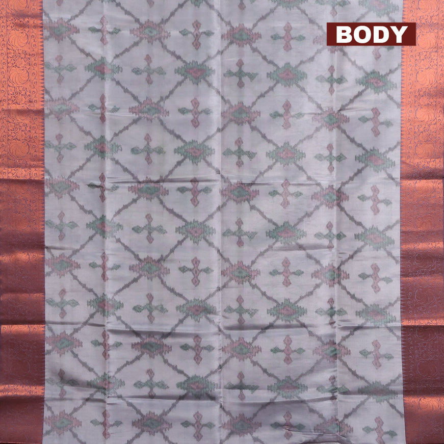 Banarasi semi tussar saree grey and purple with allover ikat weaves and copper zari woven border