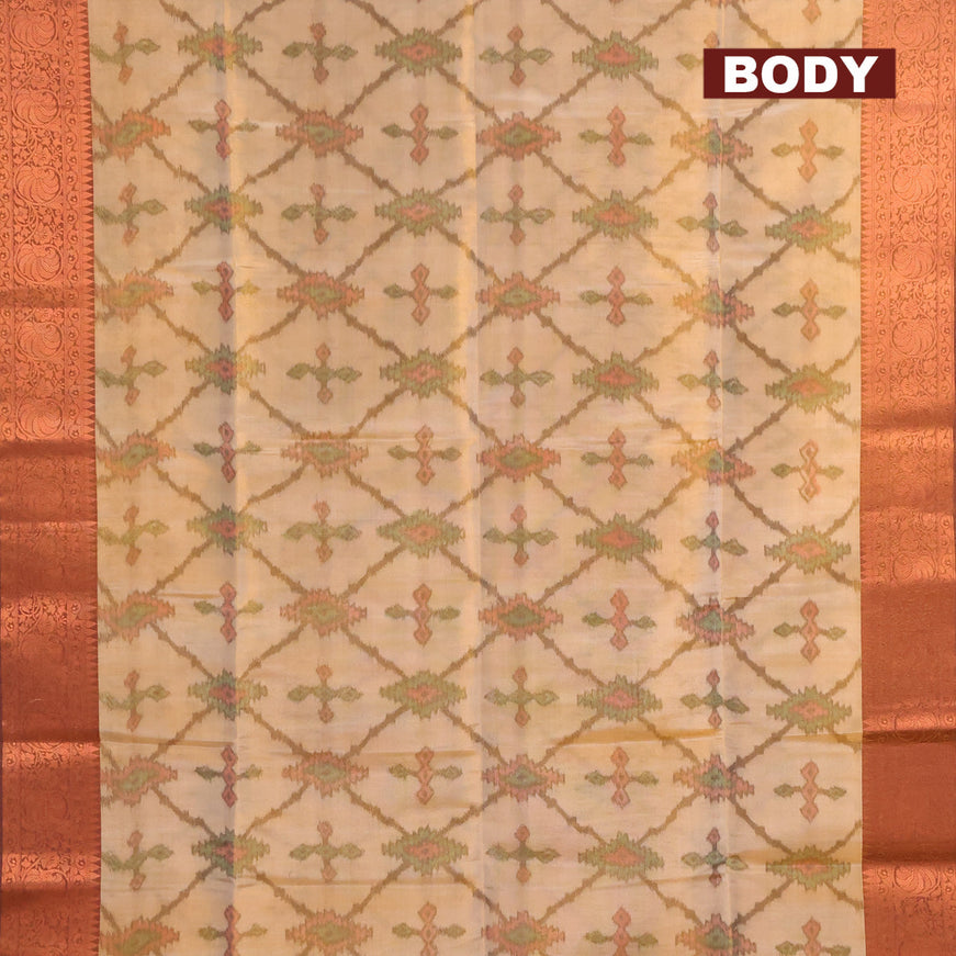 Banarasi semi tussar saree sandal and wine shade with allover ikat weaves and copper zari woven border