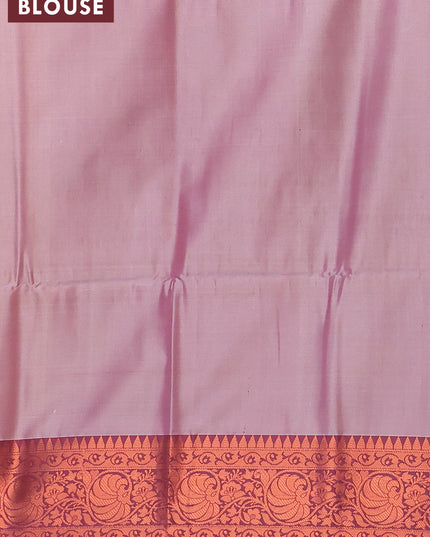 Banarasi semi tussar saree sandal and wine shade with allover ikat weaves and copper zari woven border