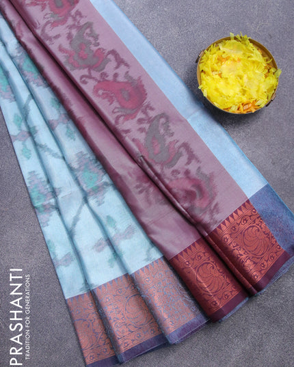 Banarasi semi tussar saree teal blue and wine shade with allover ikat weaves and copper zari woven border