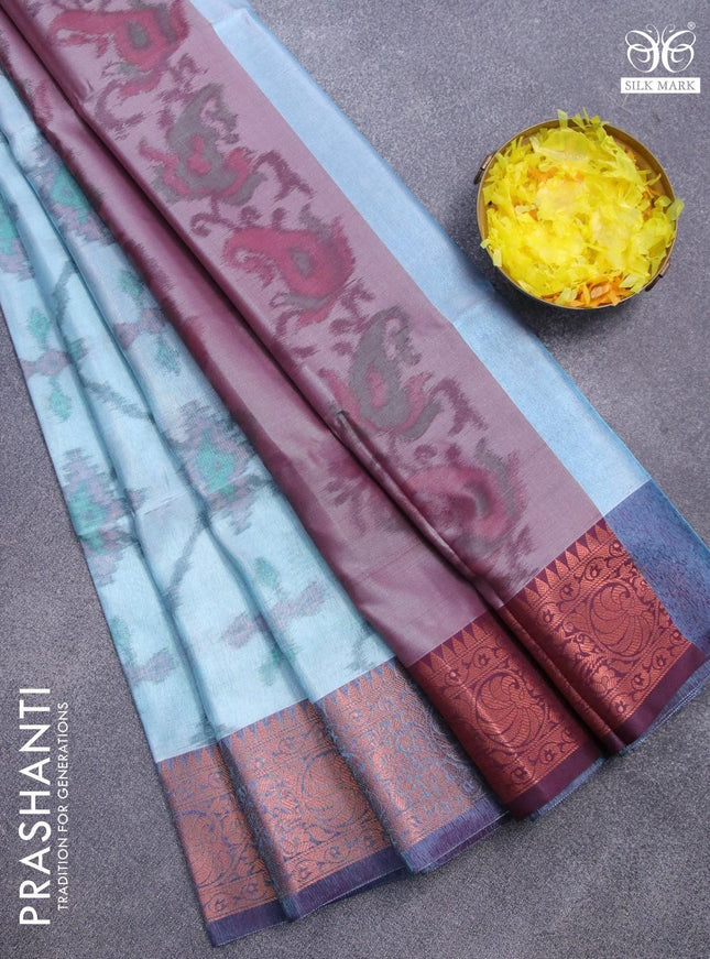 Banarasi semi tussar saree teal blue and wine shade with allover ikat weaves and copper zari woven border