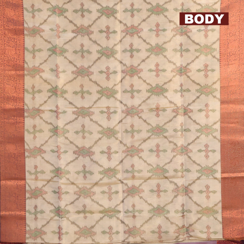 Banarasi semi tussar saree beige and wine shade with allover ikat weaves and copper zari woven border