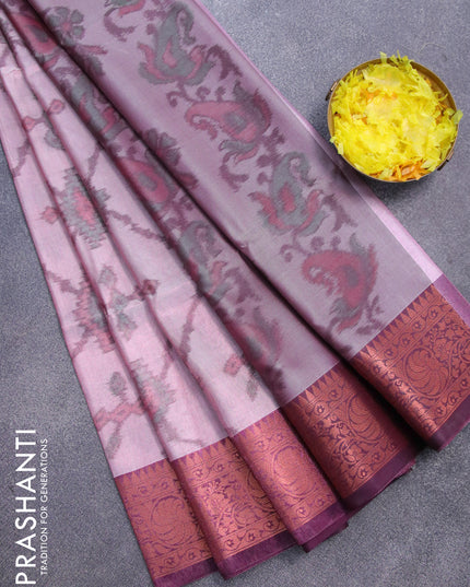 Banarasi semi tussar saree dual shade of pink and wine shade with allover ikat weaves and copper zari woven border