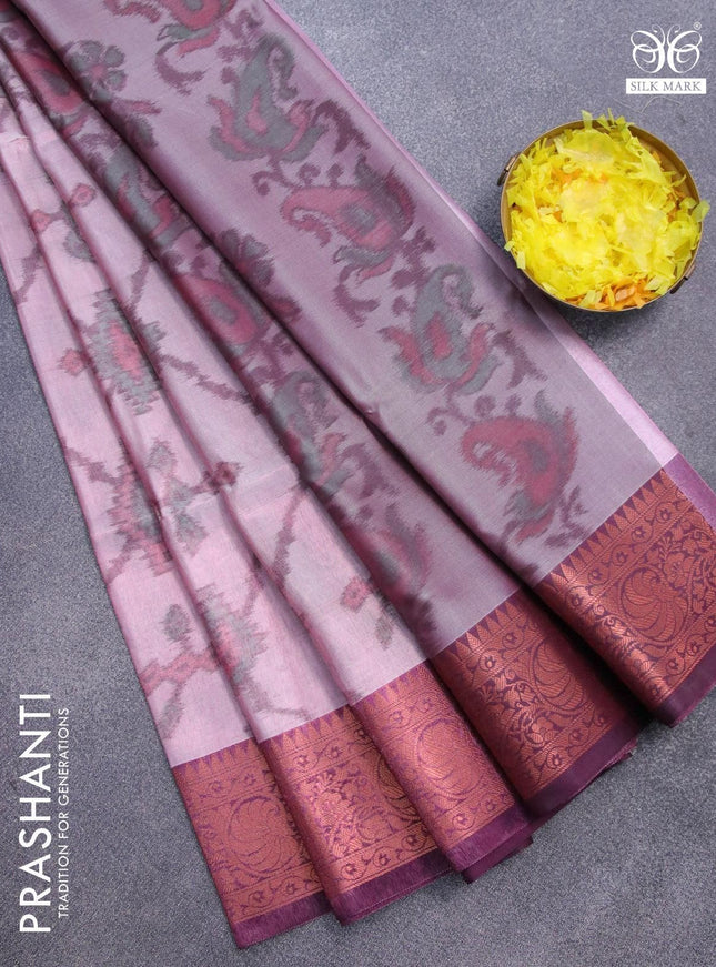 Banarasi semi tussar saree dual shade of pink and wine shade with allover ikat weaves and copper zari woven border