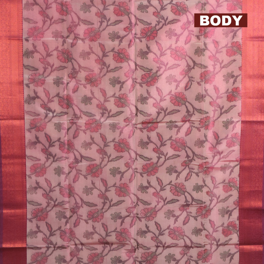 Banarasi semi tussar saree pastel pink and purple with allover ikat weaves and copper zari woven border