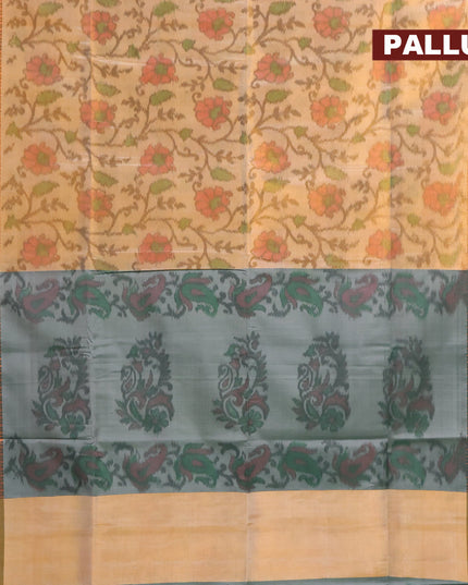 Banarasi semi tussar saree dual shade of sandal and green with allover ikat weaves and copper zari woven border