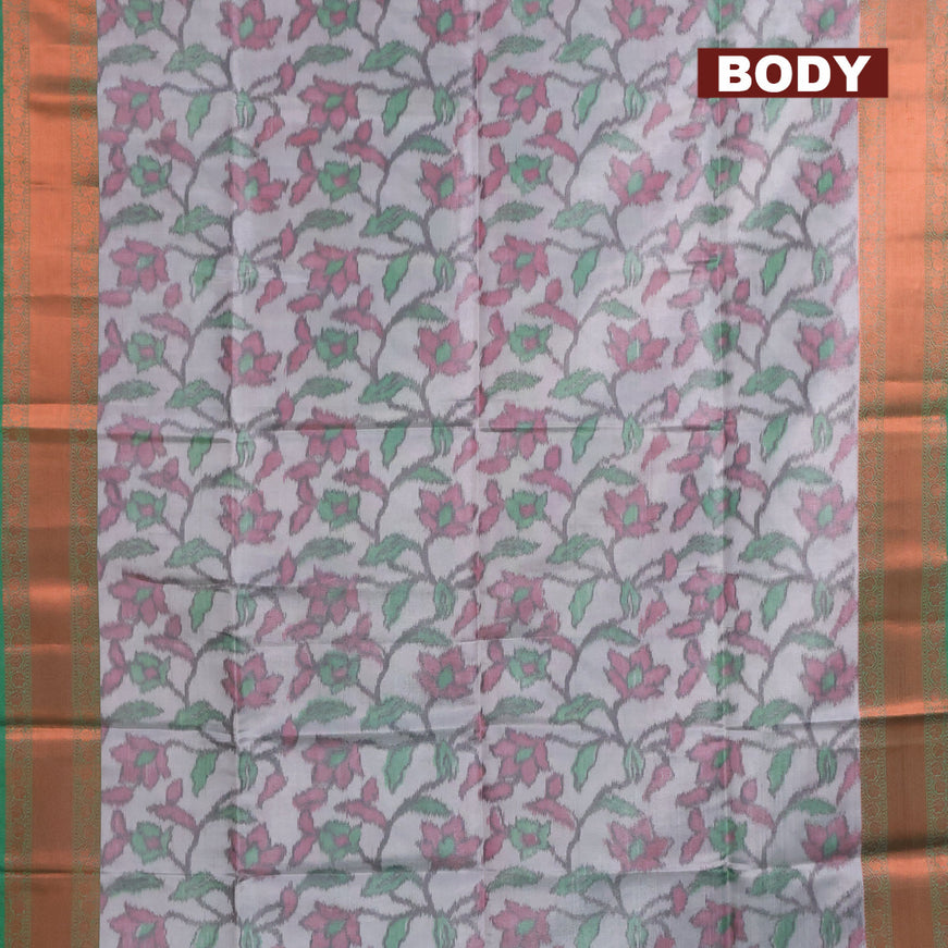 Banarasi semi tussar saree grey and green with allover ikat weaves and copper zari woven border
