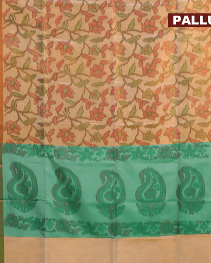 Banarasi semi tussar saree sandal and green with allover ikat weaves and copper zari woven border