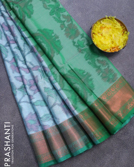Banarasi semi tussar saree teal blue shade and green with allover ikat weaves and copper zari woven border