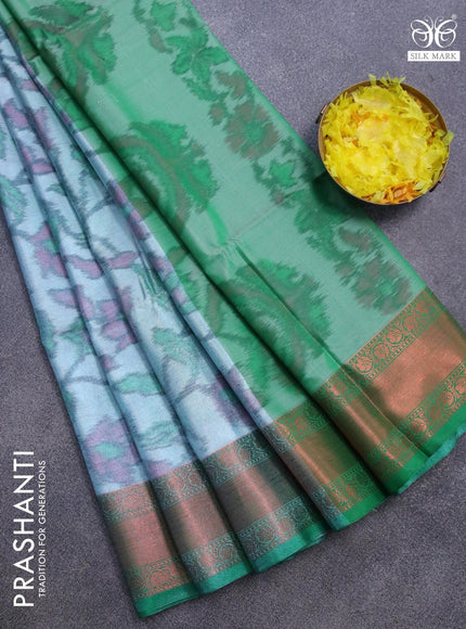 Banarasi semi tussar saree teal blue shade and green with allover ikat weaves and copper zari woven border