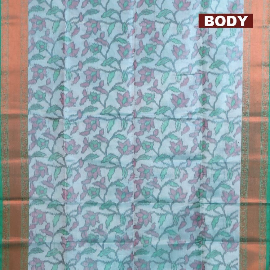 Banarasi semi tussar saree teal blue shade and green with allover ikat weaves and copper zari woven border