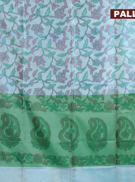 Banarasi semi tussar saree teal blue shade and green with allover ikat weaves and copper zari woven border