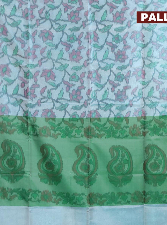 Banarasi semi tussar saree teal blue shade and green with allover ikat weaves and copper zari woven border