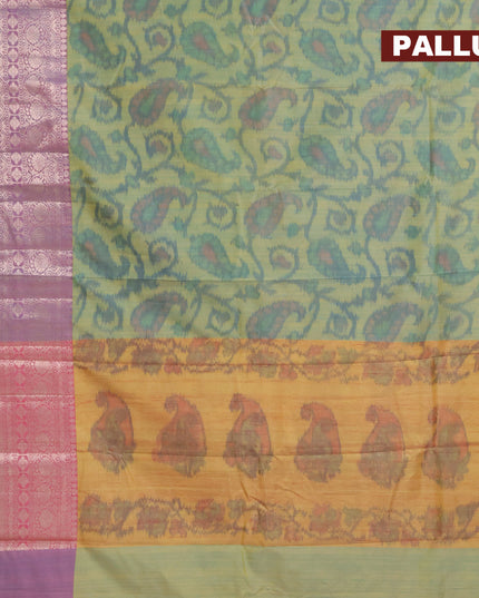 Banarasi semi tussar saree dual shade of light green and pink with allover ikat weaves and long zari woven border