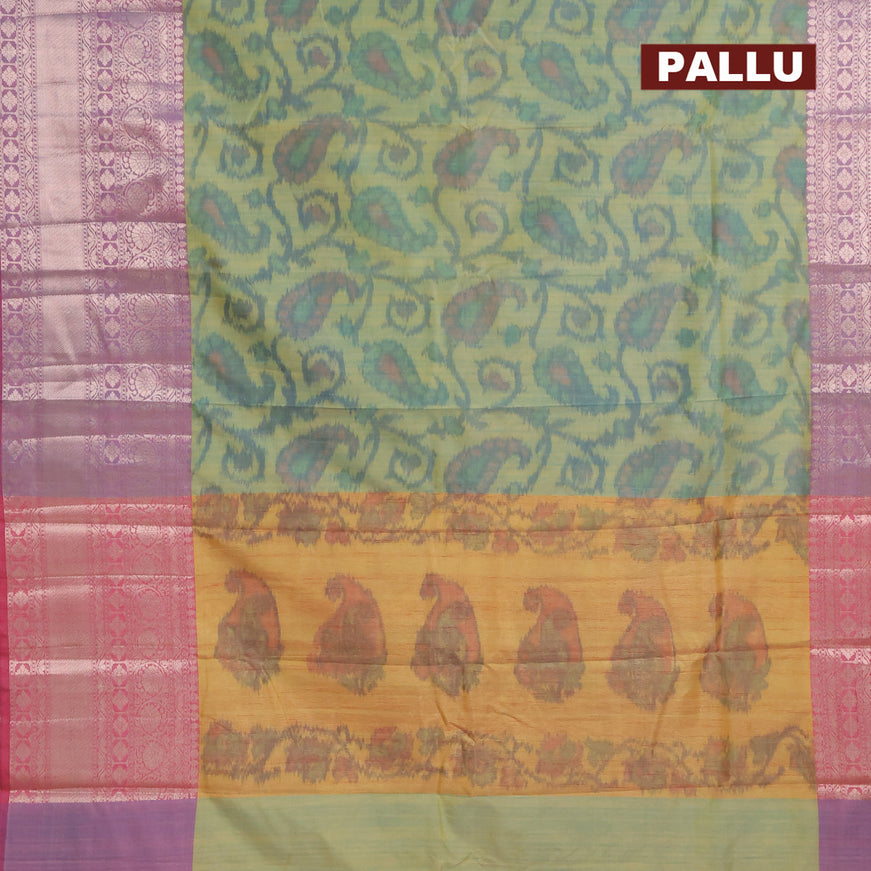 Banarasi semi tussar saree dual shade of light green and pink with allover ikat weaves and long zari woven border