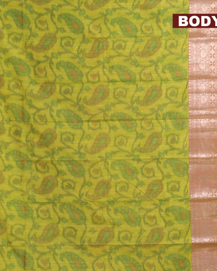 Banarasi semi tussar saree lime green and pink with allover ikat weaves and long zari woven border