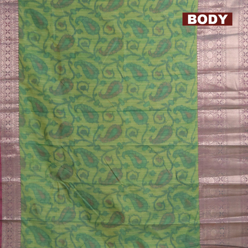 Banarasi semi tussar saree green and pink with allover ikat weaves and long zari woven border