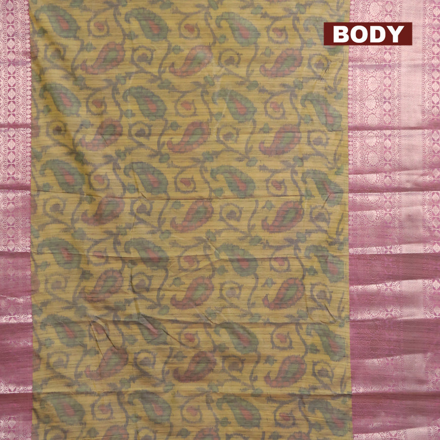 Banarasi semi tussar saree yellow shade and pink with allover ikat weaves and long zari woven border