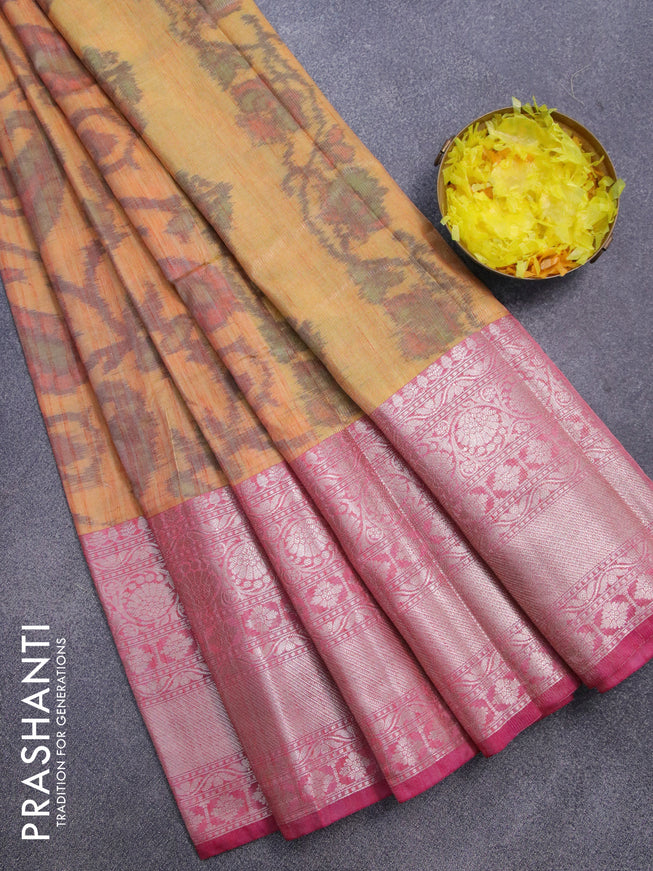 Banarasi semi tussar saree orange and pink with allover ikat weaves and long zari woven border
