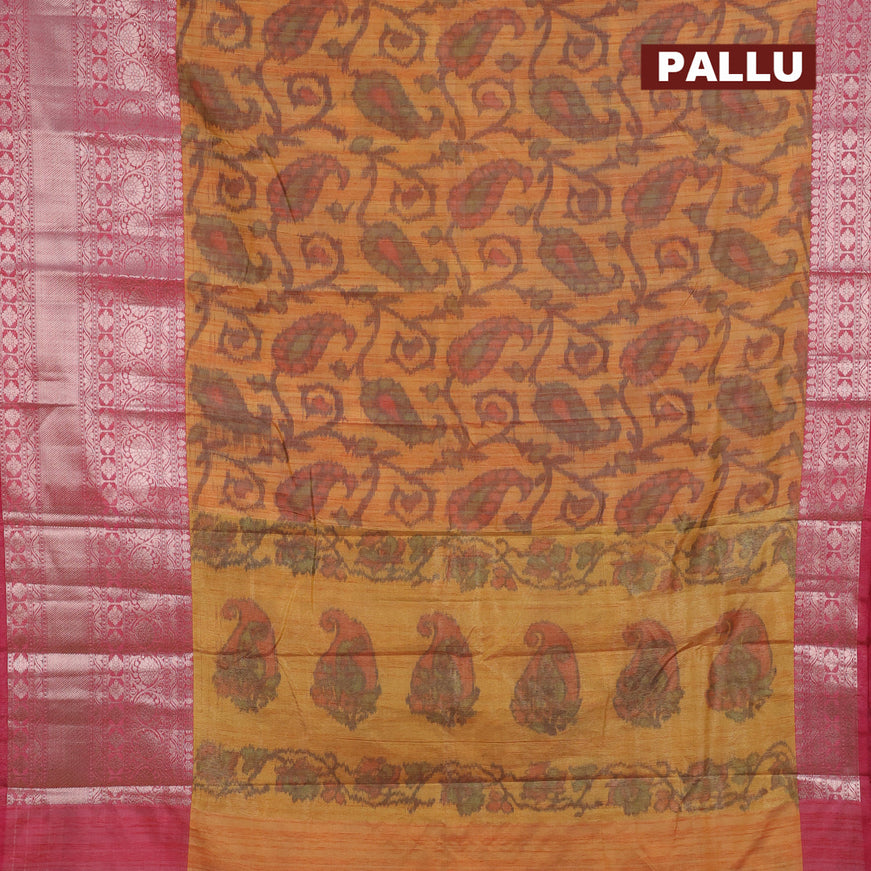 Banarasi semi tussar saree orange and pink with allover ikat weaves and long zari woven border