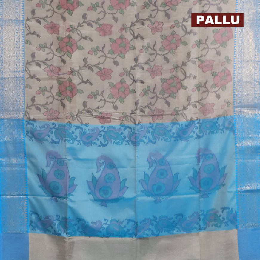 Banarasi semi tussar saree grey and light blue with allover ikat weaves and zari woven border