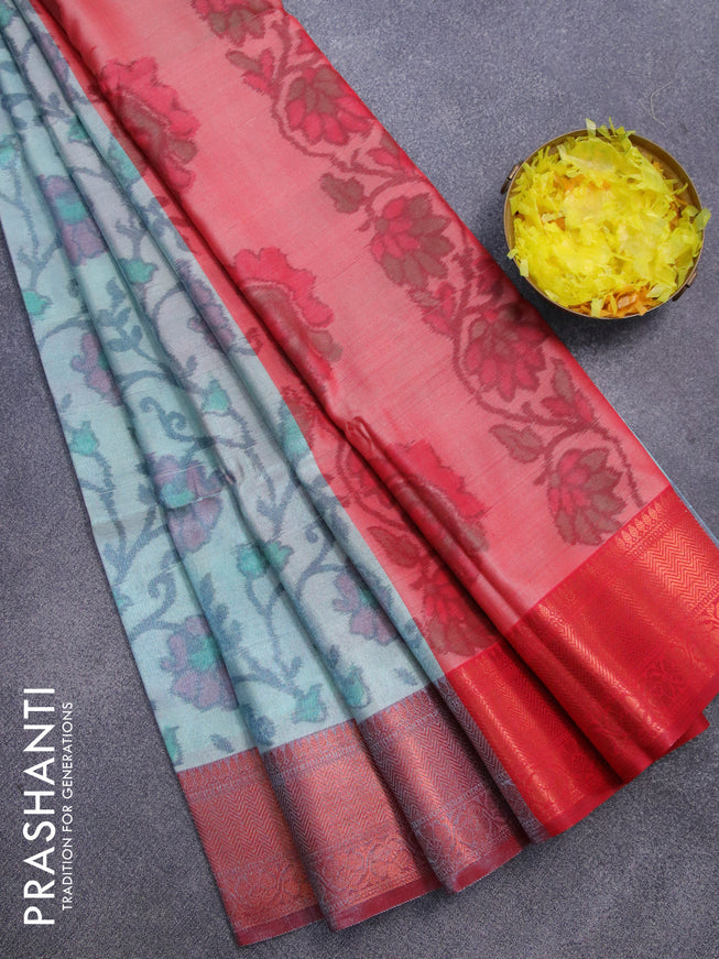 Banarasi semi tussar saree pastel blue and maroon with allover ikat weaves and copper zari woven border
