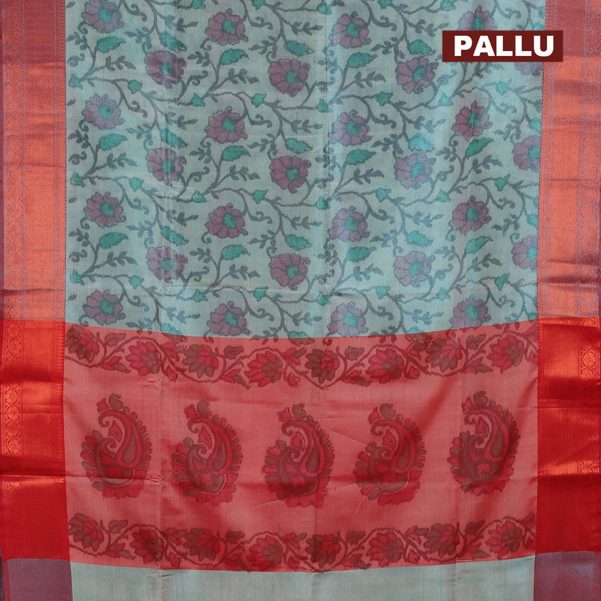 Banarasi semi tussar saree pastel blue and maroon with allover ikat weaves and copper zari woven border