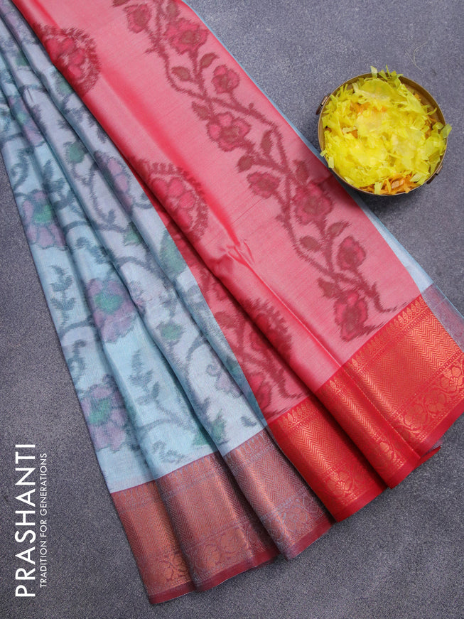 Banarasi semi tussar saree bluish grey and maroon with allover ikat weaves and copper zari woven border