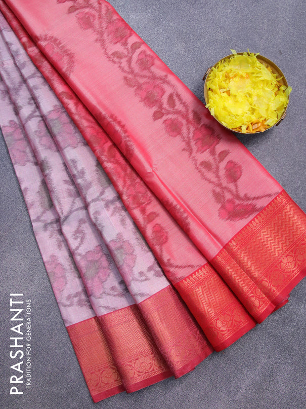 Banarasi semi tussar saree pastel pink and maroon with allover ikat weaves and zari woven border